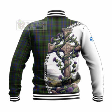 MacInnes (McInnes) Tartan Baseball Jacket with Family Crest and St. Andrew's Cross Accented by Thistle Vines