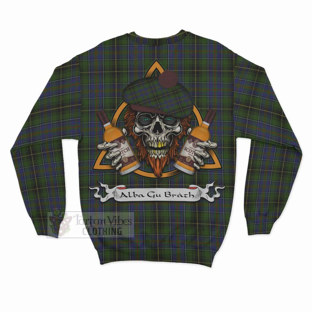 Tartan Vibes Clothing MacInnes (McInnes) Tartan Sweatshirt with Family Crest and Bearded Skull Holding Bottles of Whiskey