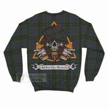 MacInnes (McInnes) Tartan Sweatshirt with Family Crest and Bearded Skull Holding Bottles of Whiskey