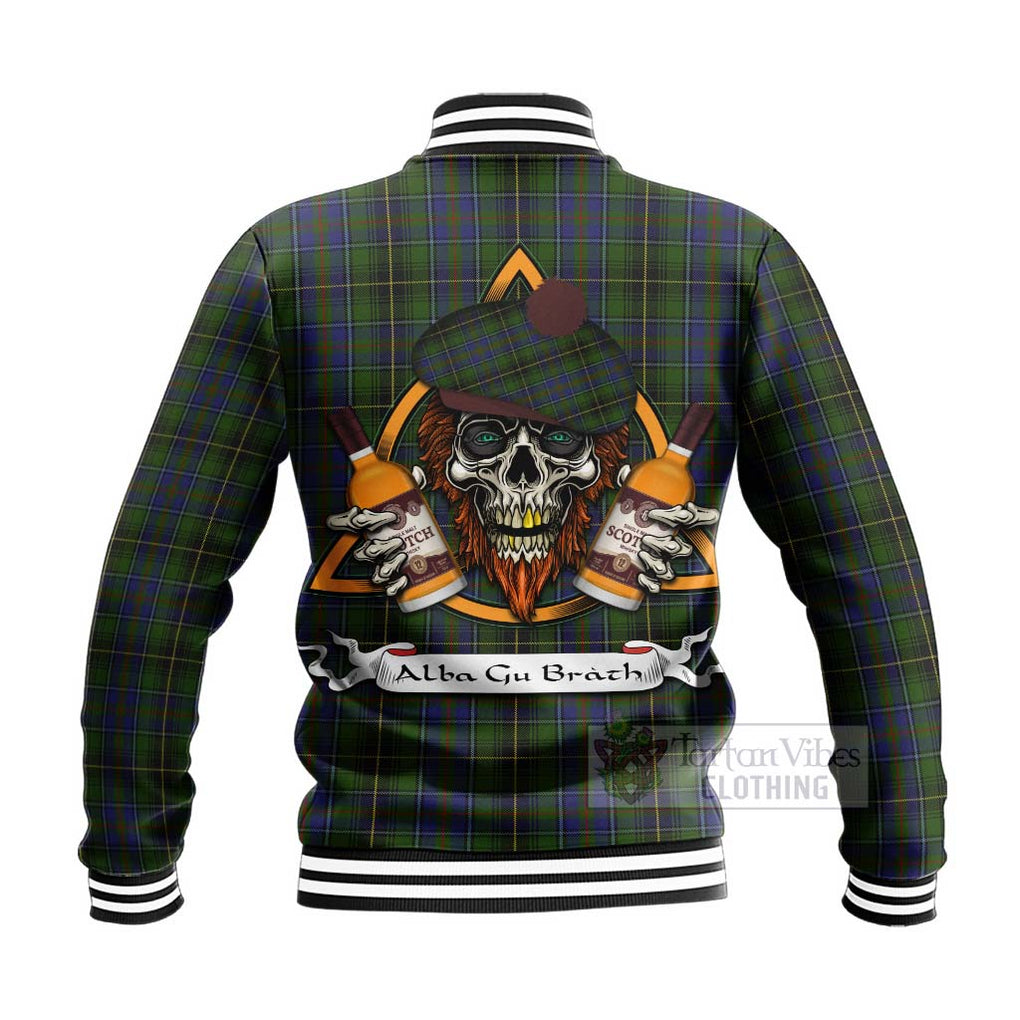 Tartan Vibes Clothing MacInnes (McInnes) Tartan Baseball Jacket with Family Crest and Bearded Skull Holding Bottles of Whiskey