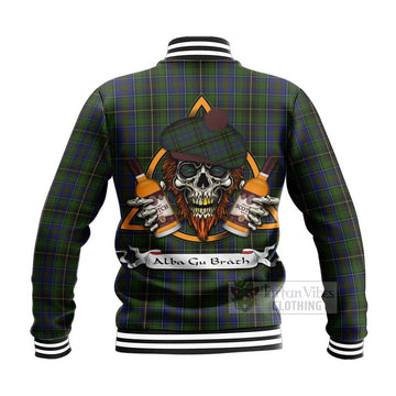 MacInnes (McInnes) Tartan Baseball Jacket with Family Crest and Bearded Skull Holding Bottles of Whiskey