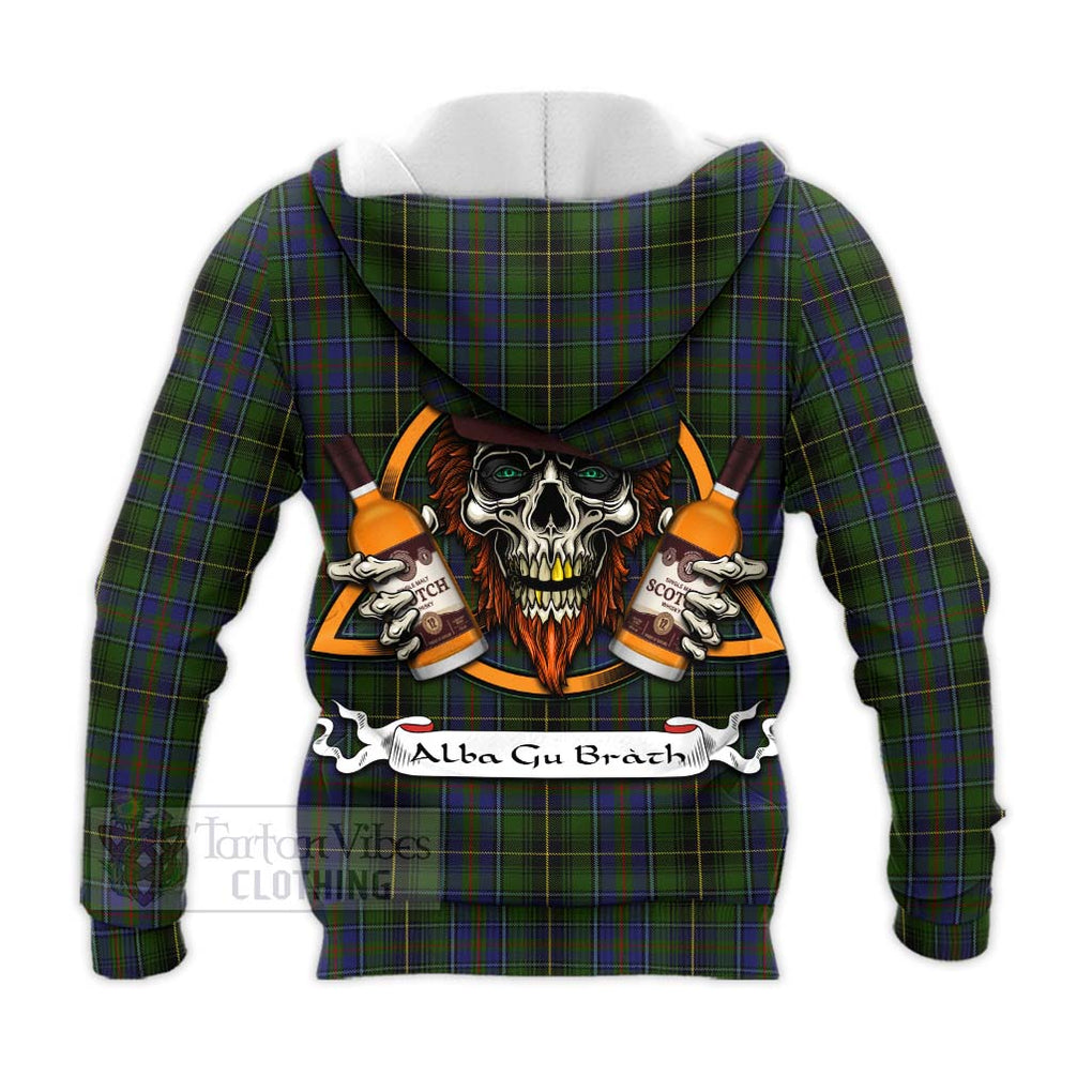 Tartan Vibes Clothing MacInnes (McInnes) Tartan Knitted Hoodie with Family Crest and Bearded Skull Holding Bottles of Whiskey