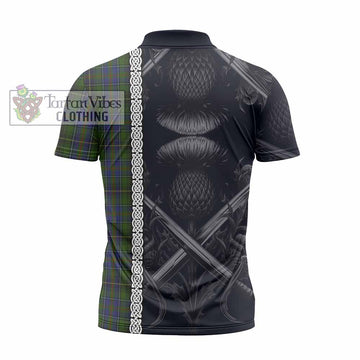 MacInnes (McInnes) Tartan Zipper Polo Shirt with Family Crest Cross Sword Thistle Celtic Vibes