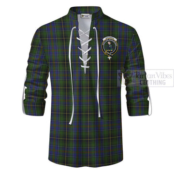 MacInnes (McInnes) Tartan Ghillie Kilt Shirt with Family Crest and Bearded Skull Holding Bottles of Whiskey