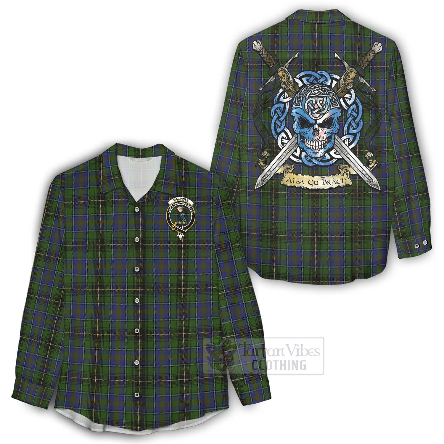 Tartan Vibes Clothing MacInnes (McInnes) Tartan Women's Casual Shirt with Family Crest Celtic Skull Style