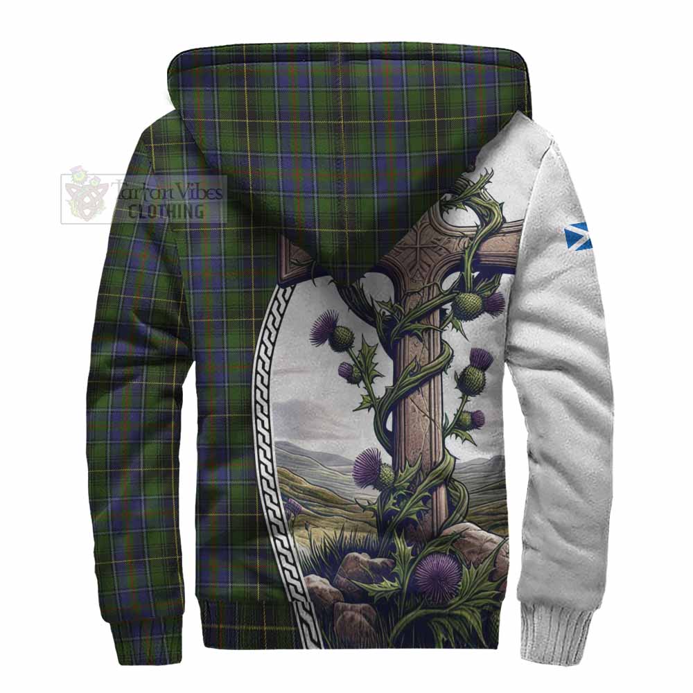 Tartan Vibes Clothing MacInnes (McInnes) Tartan Sherpa Hoodie with Family Crest and St. Andrew's Cross Accented by Thistle Vines