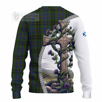 MacInnes (McInnes) Tartan Knitted Sweater with Family Crest and St. Andrew's Cross Accented by Thistle Vines