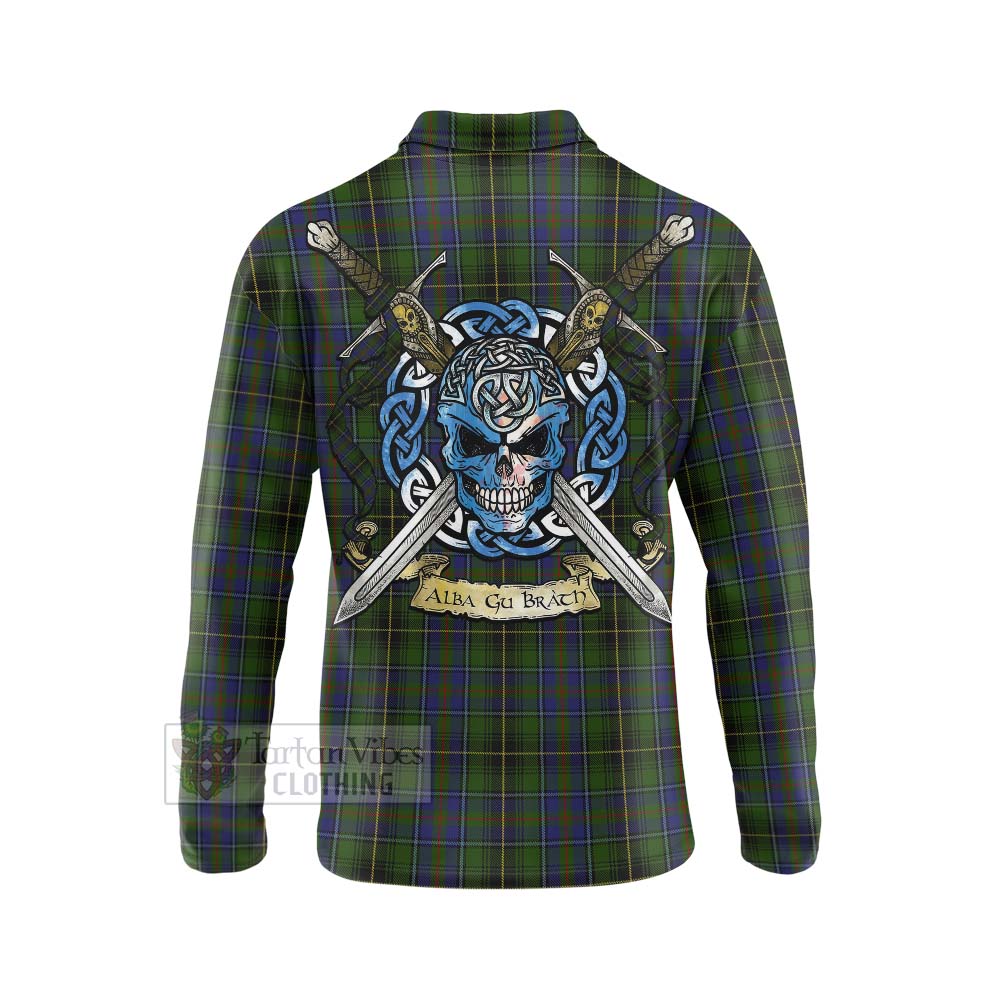 Tartan Vibes Clothing MacInnes (McInnes) Tartan Long Sleeve Polo Shirt with Family Crest Celtic Skull Style