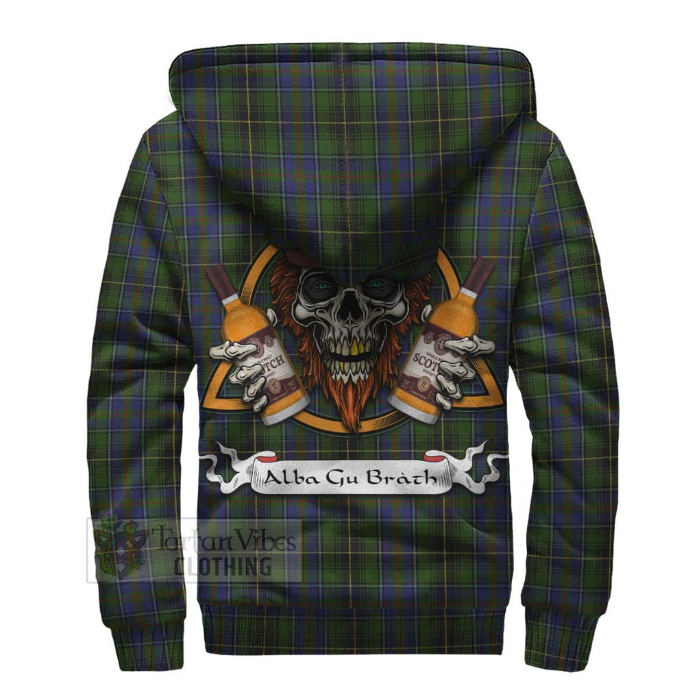 Tartan Vibes Clothing MacInnes (McInnes) Tartan Sherpa Hoodie with Family Crest and Bearded Skull Holding Bottles of Whiskey