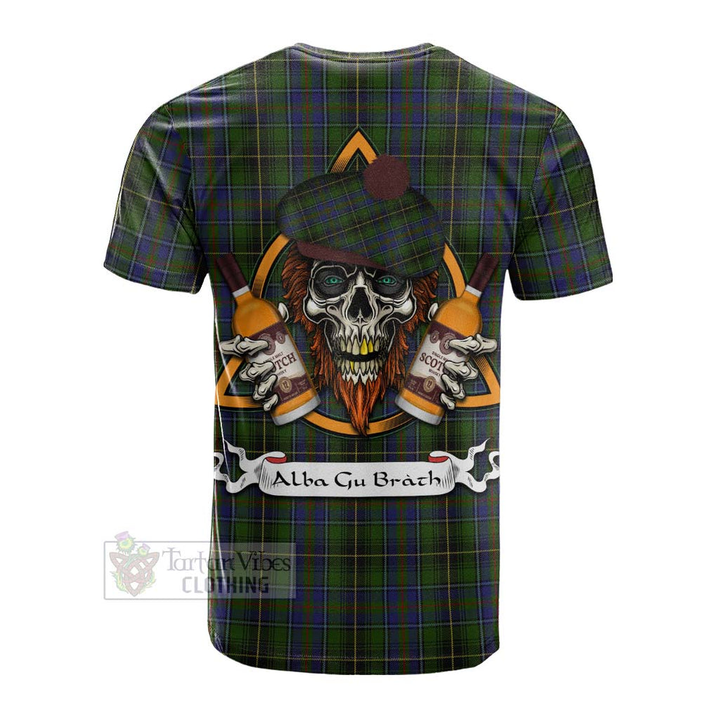 Tartan Vibes Clothing MacInnes (McInnes) Tartan Cotton T-shirt with Family Crest and Bearded Skull Holding Bottles of Whiskey