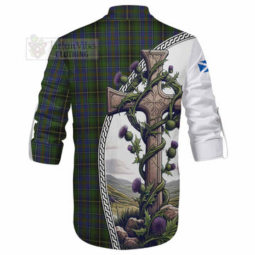 MacInnes (McInnes) Tartan Ghillie Kilt Shirt with Family Crest and St. Andrew's Cross Accented by Thistle Vines