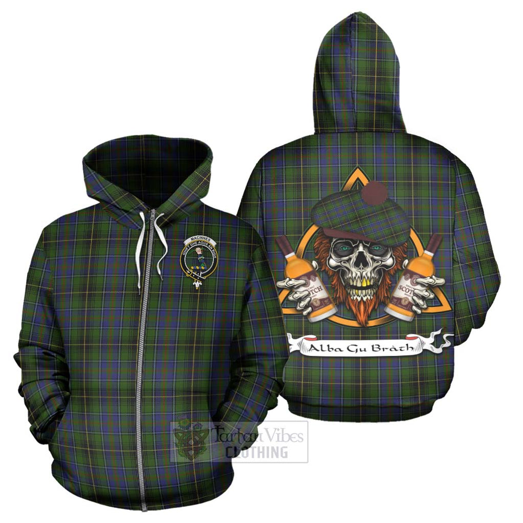 Tartan Vibes Clothing MacInnes (McInnes) Tartan Hoodie with Family Crest and Bearded Skull Holding Bottles of Whiskey