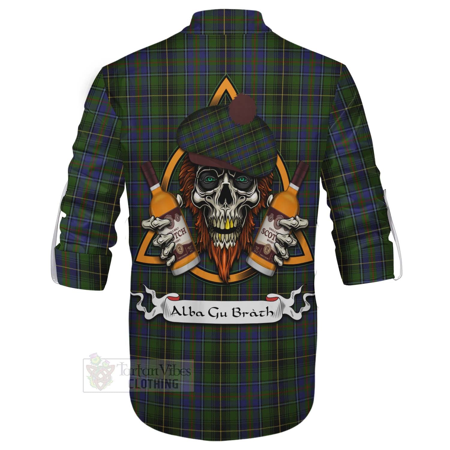 Tartan Vibes Clothing MacInnes (McInnes) Tartan Ghillie Kilt Shirt with Family Crest and Bearded Skull Holding Bottles of Whiskey