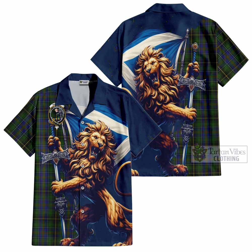 Tartan Vibes Clothing MacInnes (McInnes) Tartan Family Crest Short Sleeve Button Shirt with Scottish Majestic Lion