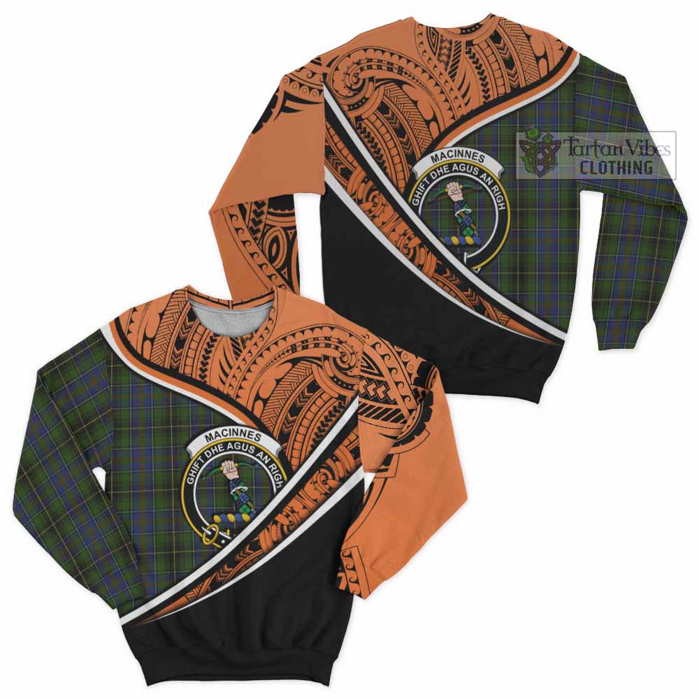 Tartan Vibes Clothing MacInnes (McInnes) Crest Tartan Sweatshirt with Maori Tattoo Style - Orange Version