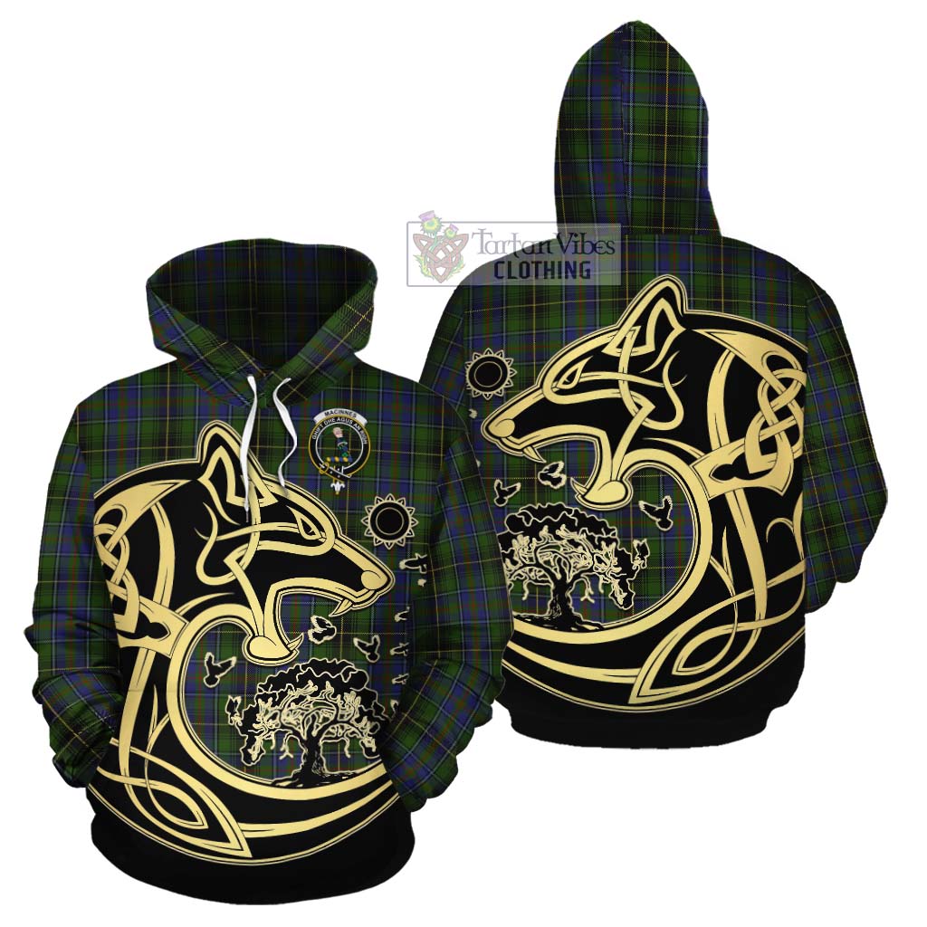 Tartan Vibes Clothing MacInnes (McInnes) Tartan Cotton Hoodie with Family Crest Celtic Wolf Style