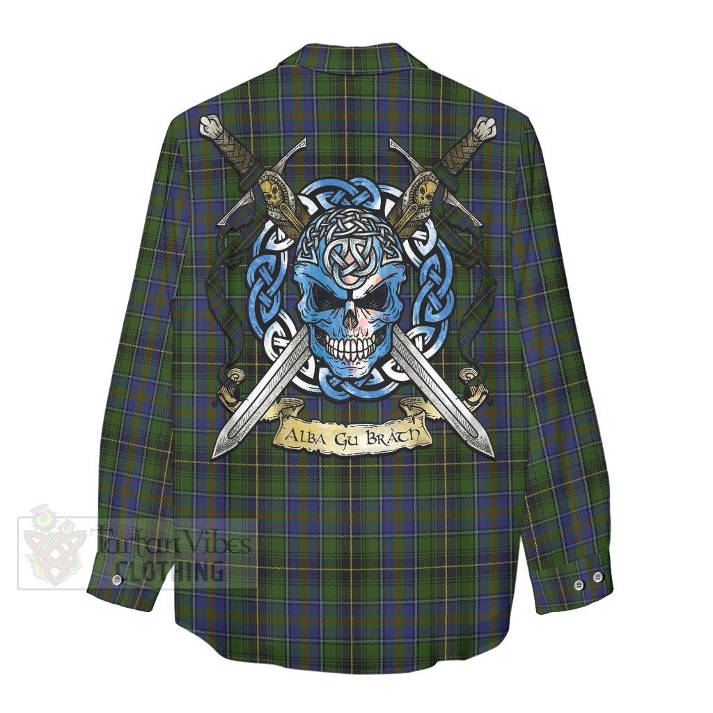 Tartan Vibes Clothing MacInnes (McInnes) Tartan Women's Casual Shirt with Family Crest Celtic Skull Style