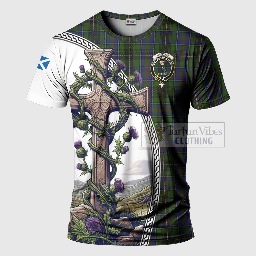 Tartan Vibes Clothing MacInnes (McInnes) Agnew Tartan T-Shirt with Family Crest and St. Andrew's Cross Accented by Thistle Vines