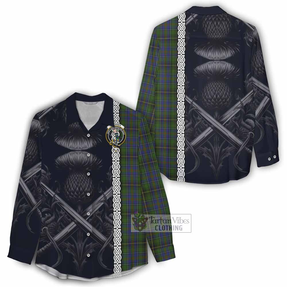 Tartan Vibes Clothing MacInnes (McInnes) Tartan Women's Casual Shirt with Family Crest Cross Sword Thistle Celtic Vibes