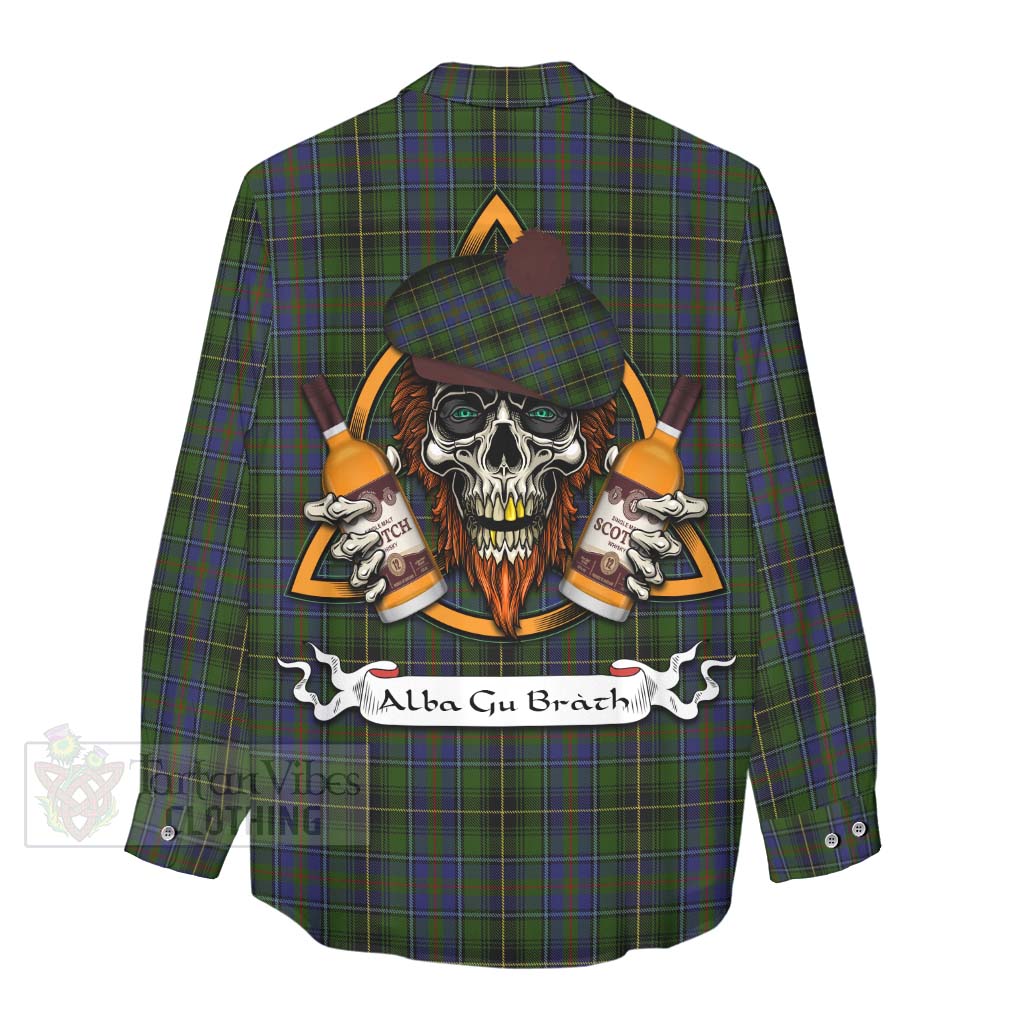 Tartan Vibes Clothing MacInnes (McInnes) Tartan Women's Casual Shirt with Family Crest and Bearded Skull Holding Bottles of Whiskey