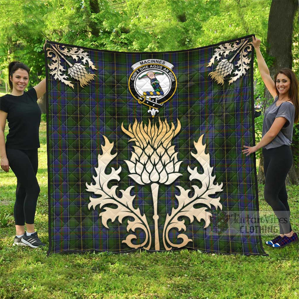 Tartan Vibes Clothing MacInnes (McInnes) Tartan Quilt with Family Crest and Golden Thistle Style