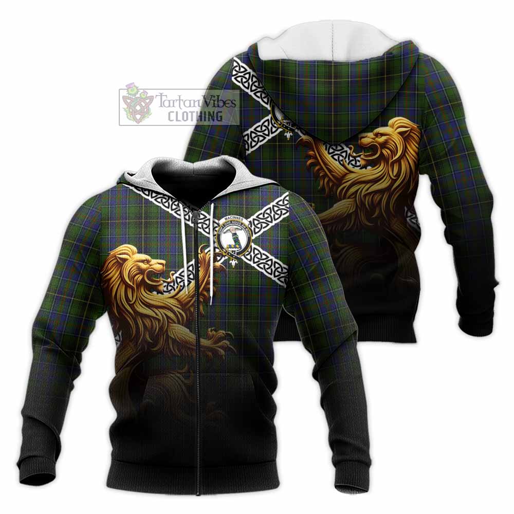 MacInnes (McInnes) Crest Tartan Knitted Hoodie with Golden Lion Emblem Celtic Style Unisex Knitted Zip Hoodie - Tartan Vibes Clothing