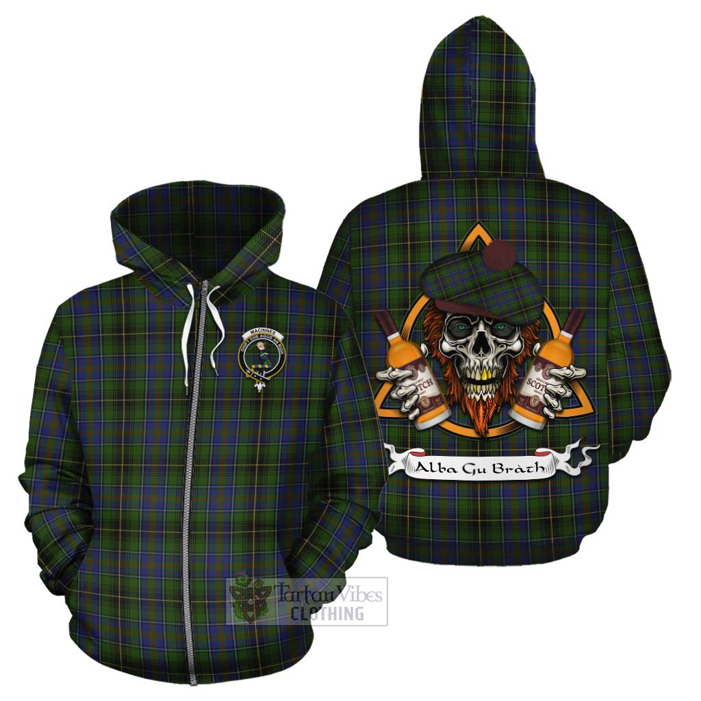 Tartan Vibes Clothing MacInnes (McInnes) Tartan Cotton Hoodie with Family Crest and Bearded Skull Holding Bottles of Whiskey