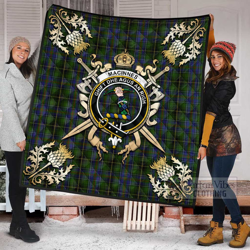 Tartan Vibes Clothing MacInnes (McInnes) Tartan Quilt with Family Crest and Scottish Golden Courage Shield