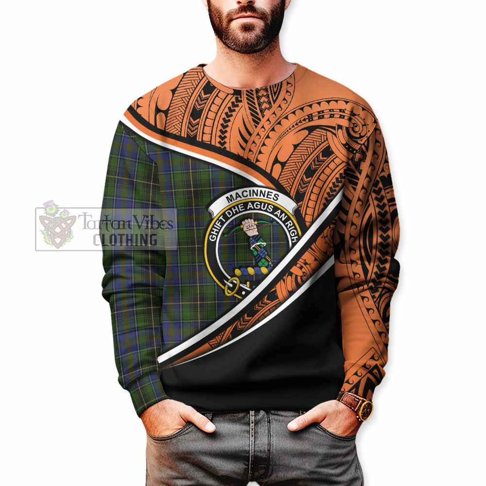 Tartan Vibes Clothing MacInnes (McInnes) Crest Tartan Sweatshirt with Maori Tattoo Style - Orange Version