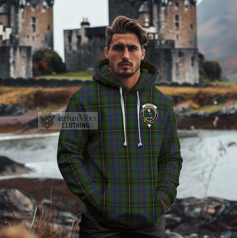 Tartan Vibes Clothing MacInnes (McInnes) Tartan Cotton Hoodie with Family Crest and Bearded Skull Holding Bottles of Whiskey