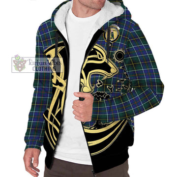 MacInnes Modern Tartan Sherpa Hoodie with Family Crest Celtic Wolf Style