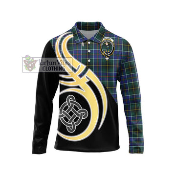 MacInnes Modern Tartan Long Sleeve Polo Shirt with Family Crest and Celtic Symbol Style