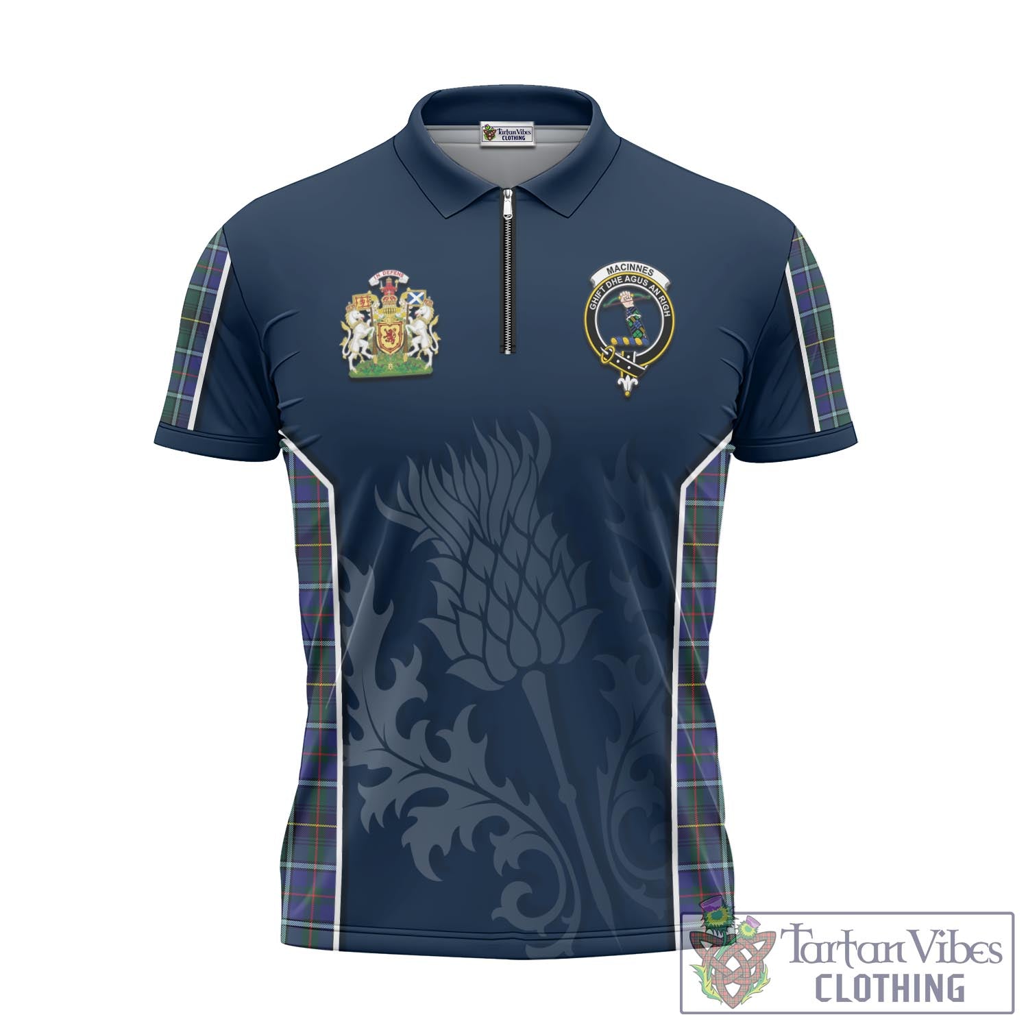 Tartan Vibes Clothing MacInnes Modern Tartan Zipper Polo Shirt with Family Crest and Scottish Thistle Vibes Sport Style