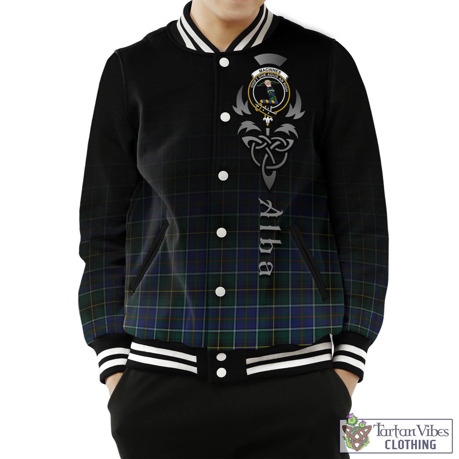 Tartan Vibes Clothing MacInnes Modern Tartan Baseball Jacket Featuring Alba Gu Brath Family Crest Celtic Inspired