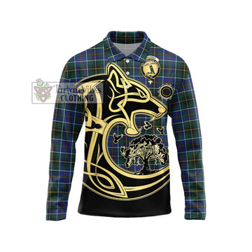 MacInnes Modern Tartan Long Sleeve Polo Shirt with Family Crest Celtic Wolf Style