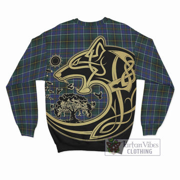 MacInnes Modern Tartan Sweatshirt with Family Crest Celtic Wolf Style