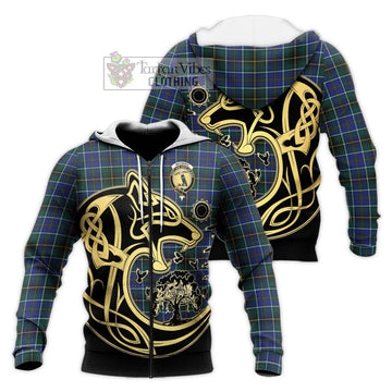 MacInnes Modern Tartan Knitted Hoodie with Family Crest Celtic Wolf Style