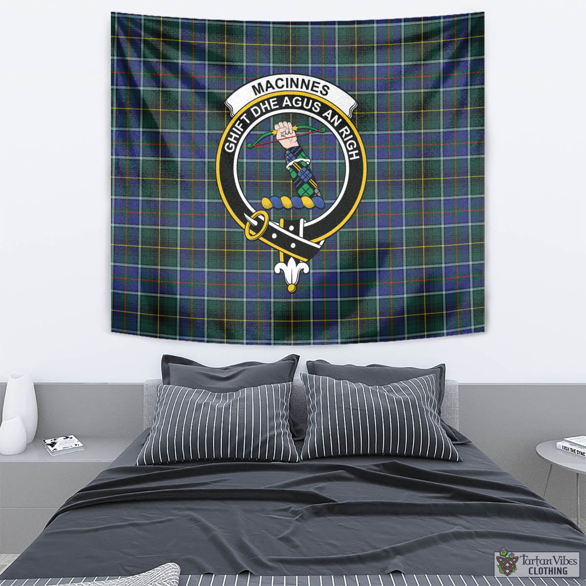 Tartan Vibes Clothing MacInnes Modern Tartan Tapestry Wall Hanging and Home Decor for Room with Family Crest