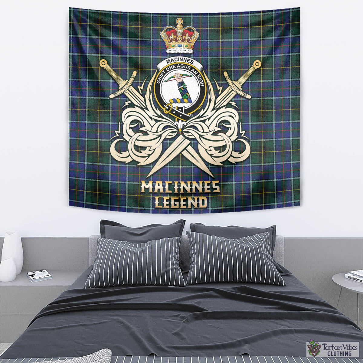 Tartan Vibes Clothing MacInnes Modern Tartan Tapestry with Clan Crest and the Golden Sword of Courageous Legacy