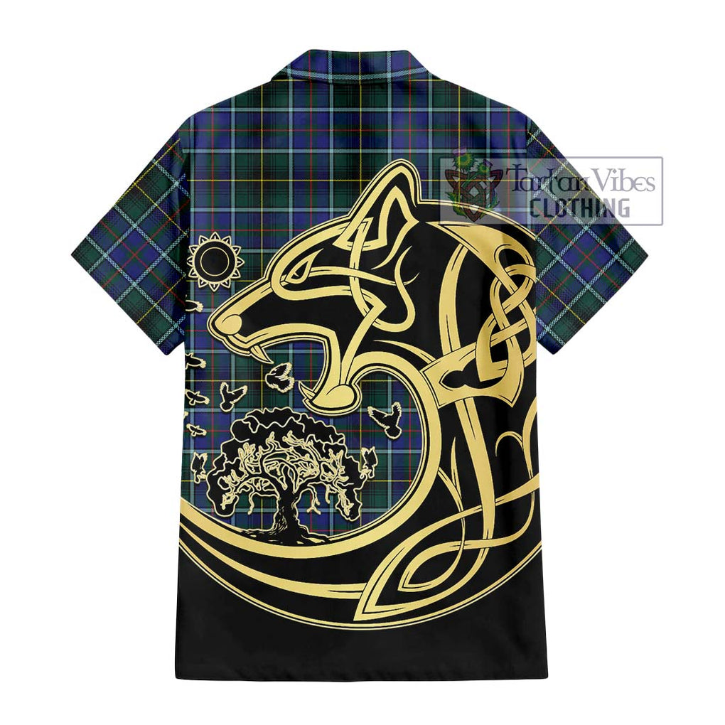 MacInnes Modern Tartan Short Sleeve Button Shirt with Family Crest Celtic Wolf Style - Tartan Vibes Clothing