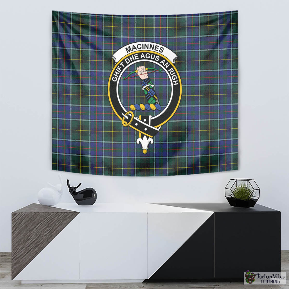 Tartan Vibes Clothing MacInnes Modern Tartan Tapestry Wall Hanging and Home Decor for Room with Family Crest