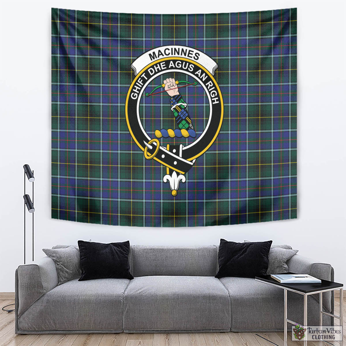 Tartan Vibes Clothing MacInnes Modern Tartan Tapestry Wall Hanging and Home Decor for Room with Family Crest