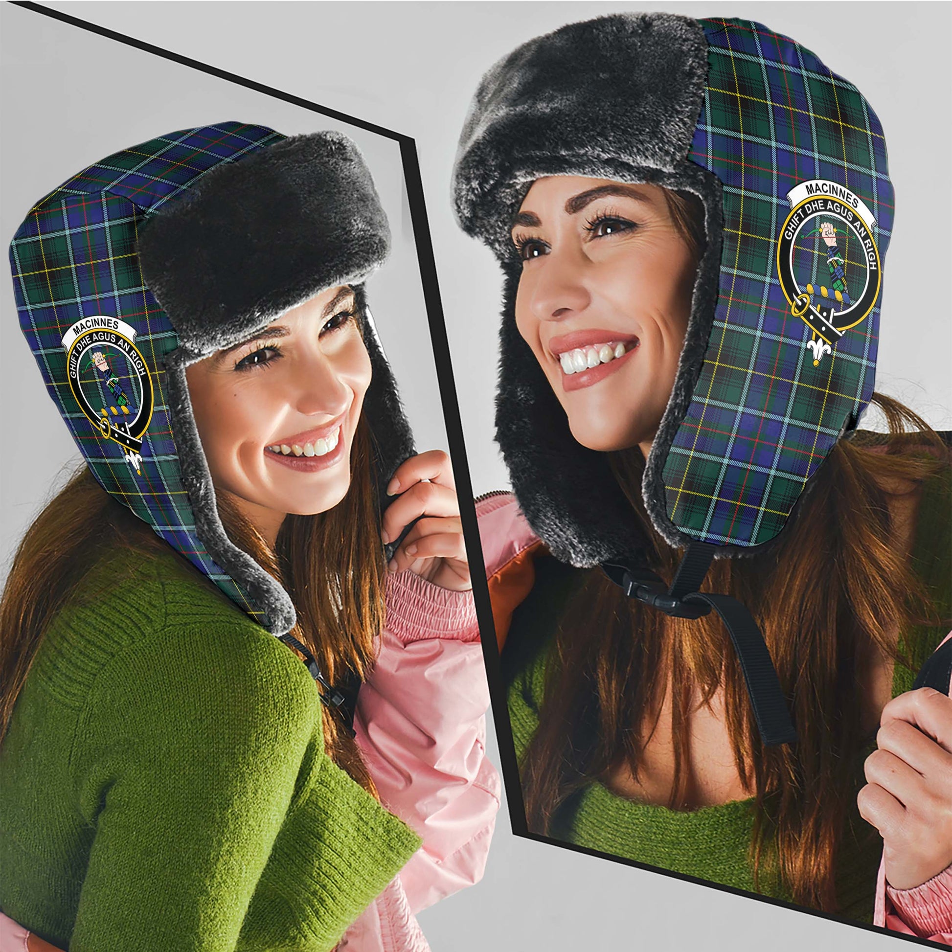 MacInnes Modern Tartan Winter Trapper Hat with Family Crest - Tartanvibesclothing