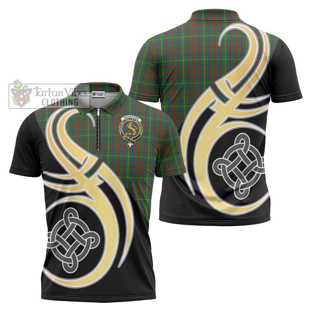 Tartan Vibes Clothing MacIntosh Hunting Tartan Zipper Polo Shirt with Family Crest and Celtic Symbol Style