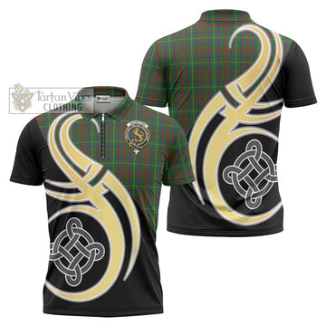 MacIntosh Hunting Tartan Zipper Polo Shirt with Family Crest and Celtic Symbol Style