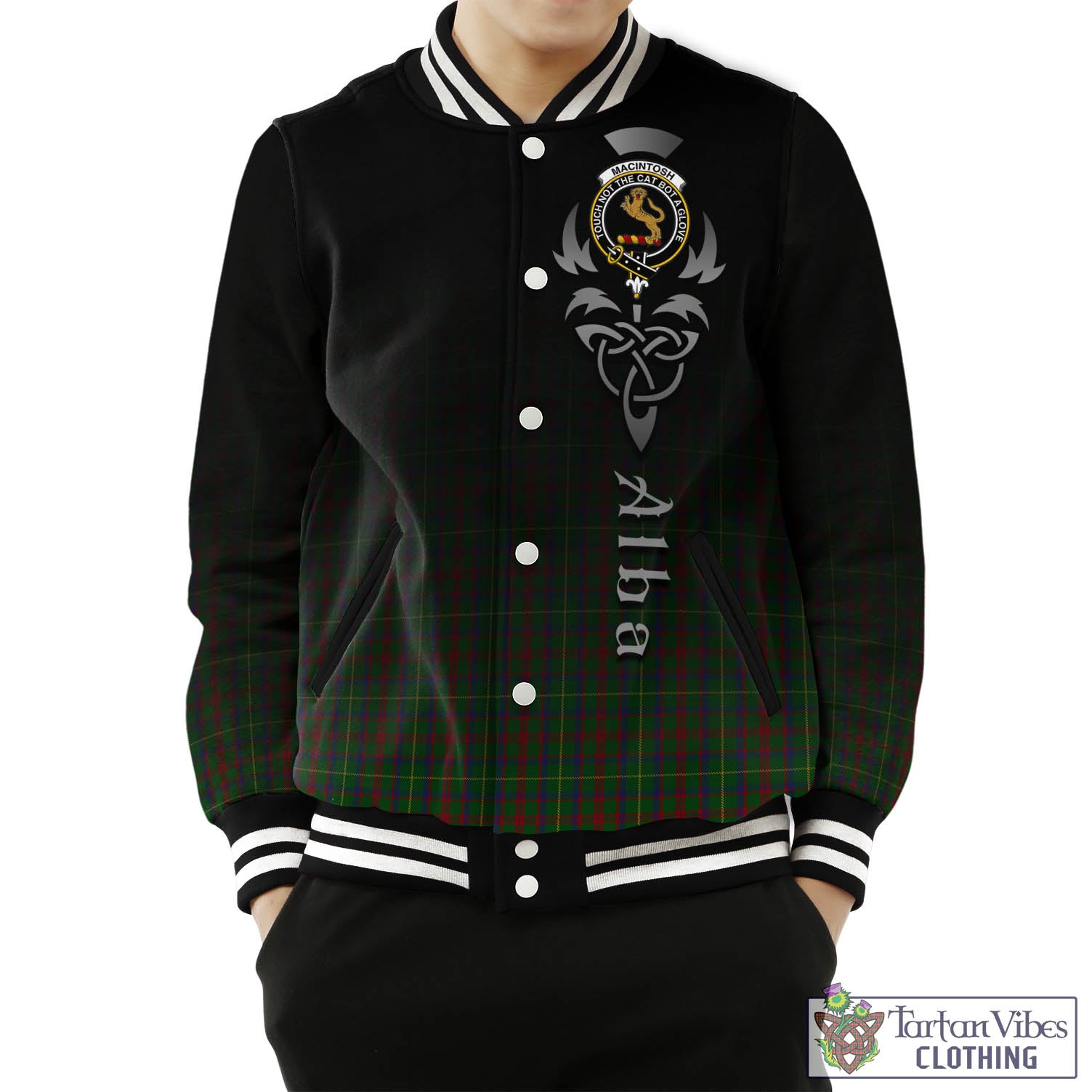 Tartan Vibes Clothing MacIntosh Hunting Tartan Baseball Jacket Featuring Alba Gu Brath Family Crest Celtic Inspired