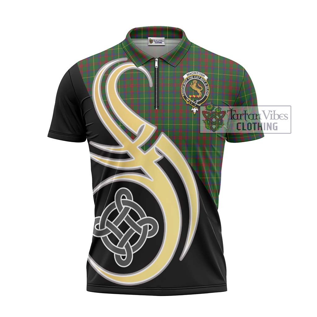 Tartan Vibes Clothing MacIntosh Hunting Tartan Zipper Polo Shirt with Family Crest and Celtic Symbol Style