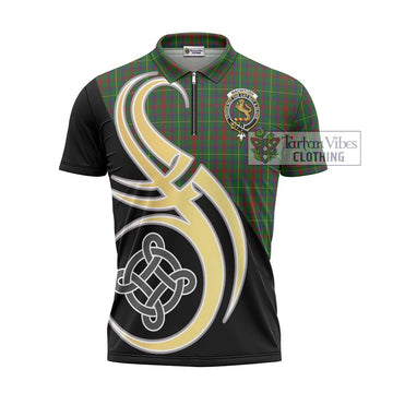 MacIntosh Hunting Tartan Zipper Polo Shirt with Family Crest and Celtic Symbol Style