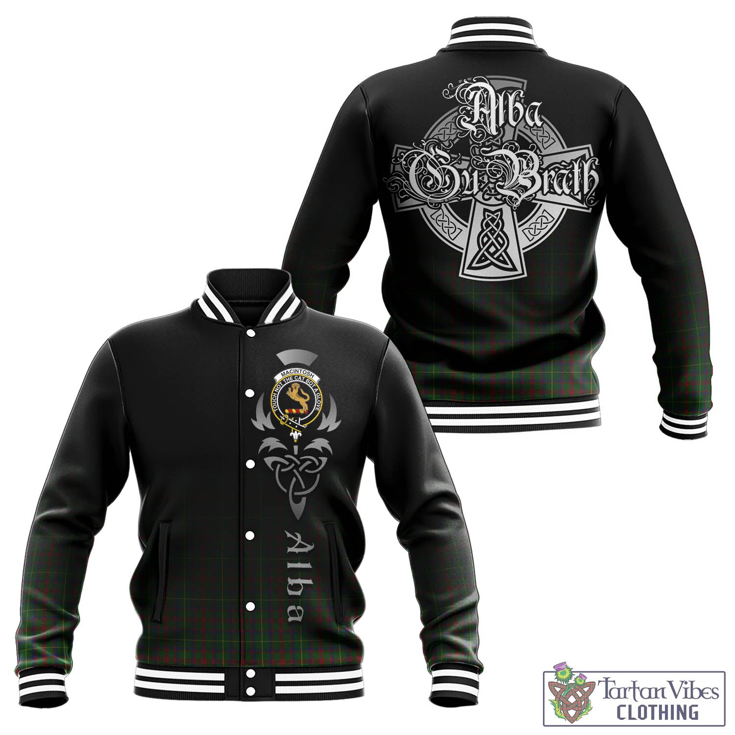 Tartan Vibes Clothing MacIntosh Hunting Tartan Baseball Jacket Featuring Alba Gu Brath Family Crest Celtic Inspired