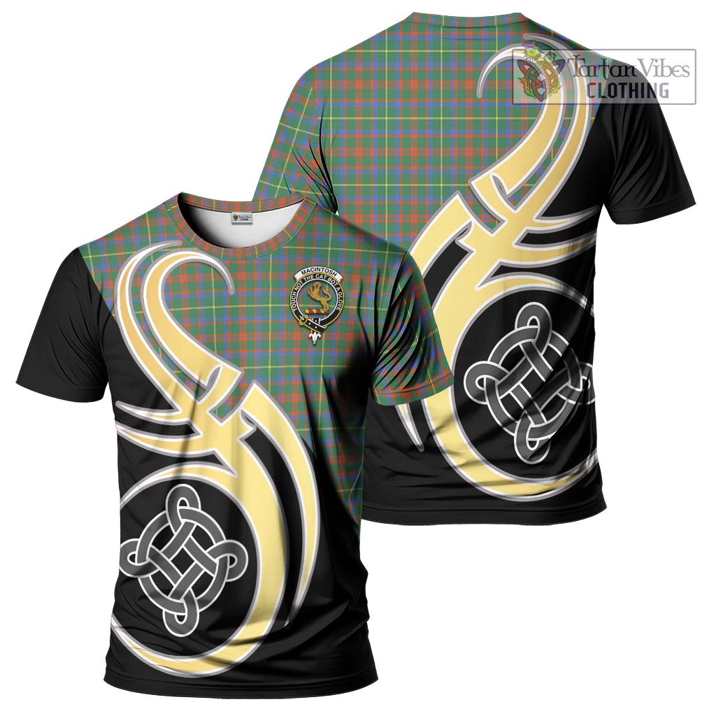 Tartan Vibes Clothing MacIntosh Hunting Ancient Tartan T-Shirt with Family Crest and Celtic Symbol Style